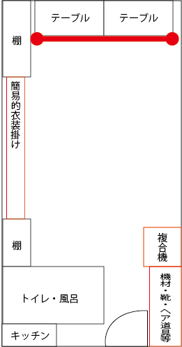 間取り図 - 簡易的衣装掛け及び、複合機、機材・靴・ヘア道具を用意しております。